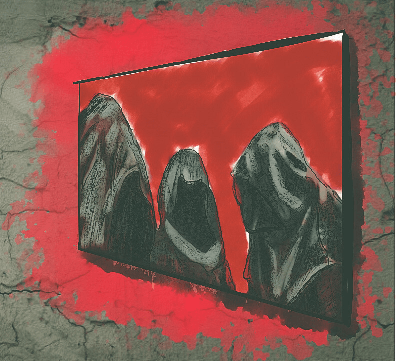 Three hooded figures on a TV screen surrounded by red